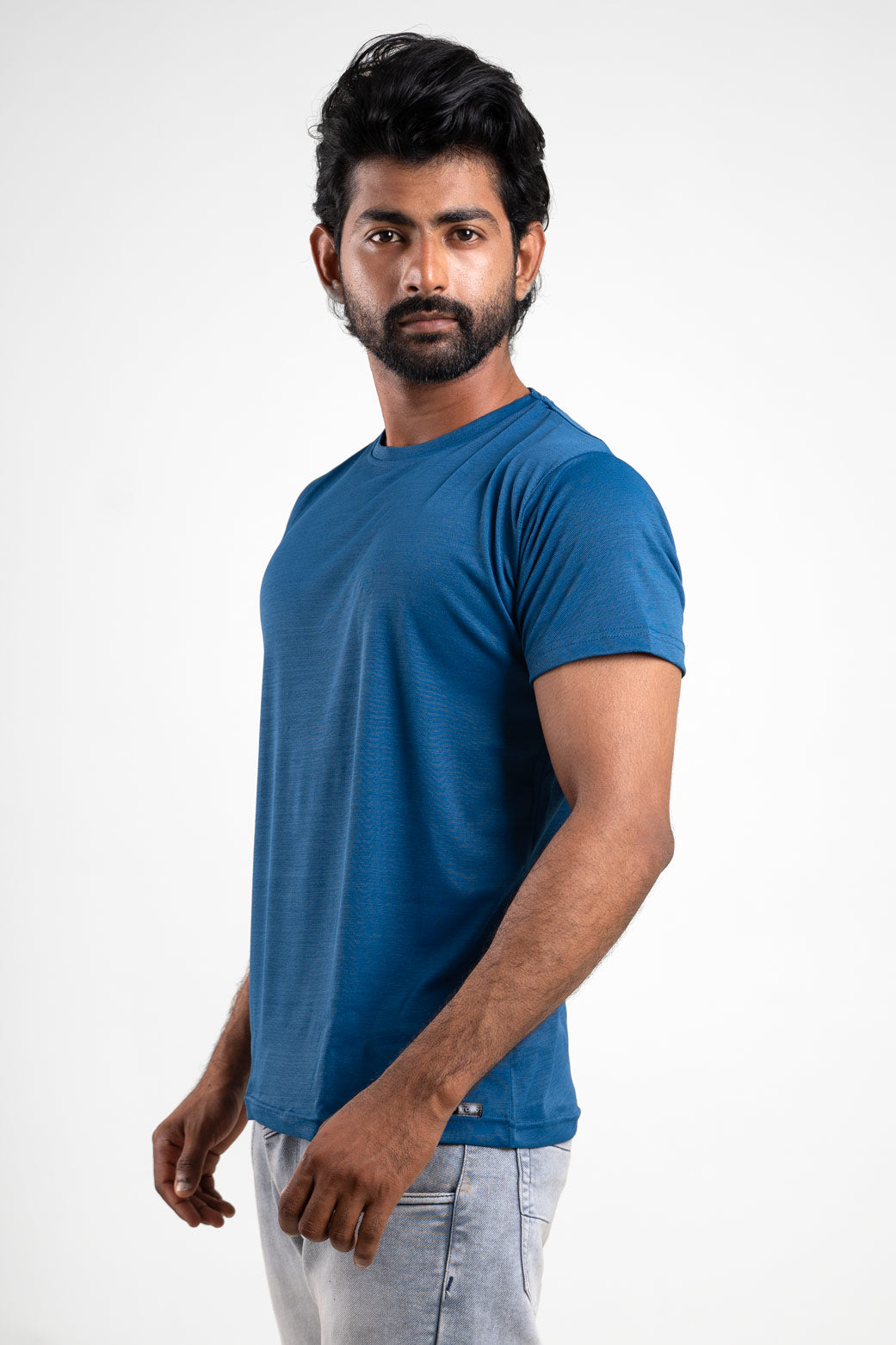 Overall view of the blue crew neck t-shirt, capturing its versatility and stylish appeal