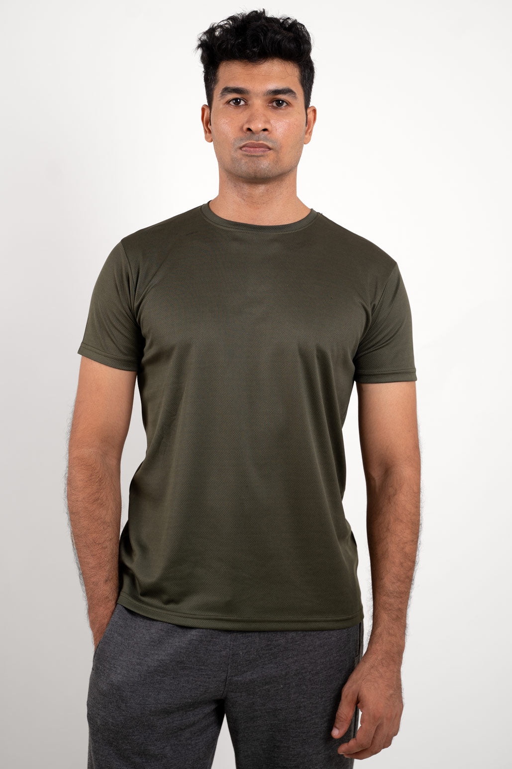 Front view of an active olive crew neck t-shirt, showcasing a sleek and sporty design