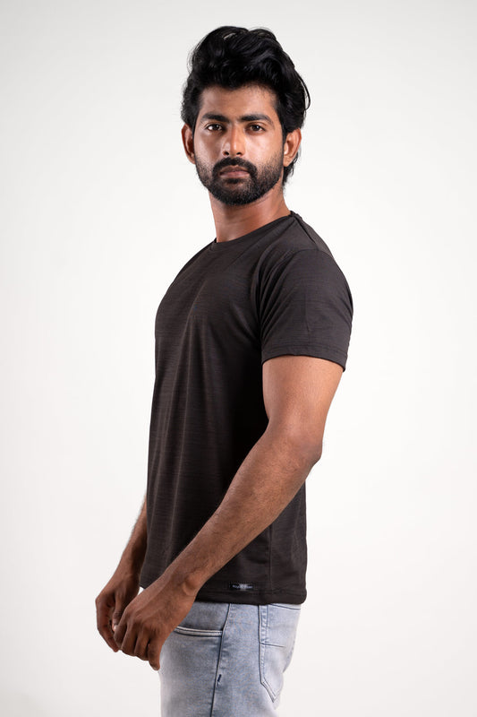 Side view of the classic black crew neck t-shirt, displaying its effortless style and comfort