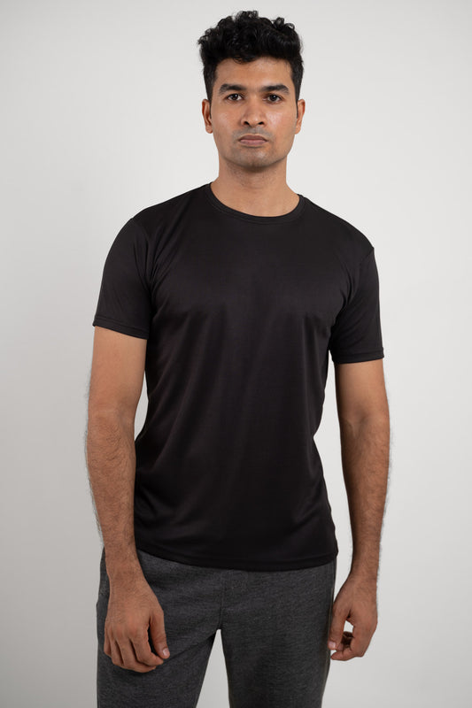 Front view of an active black crew neck t-shirt, featuring a sleek and sporty design