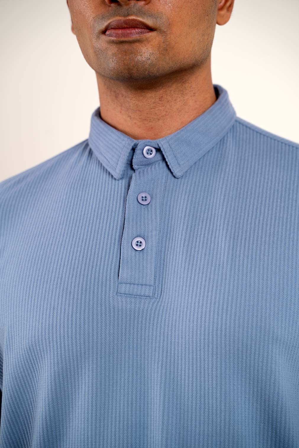 Man's blue polo regular fit t-shirt, front view highlighting soft fabric texture