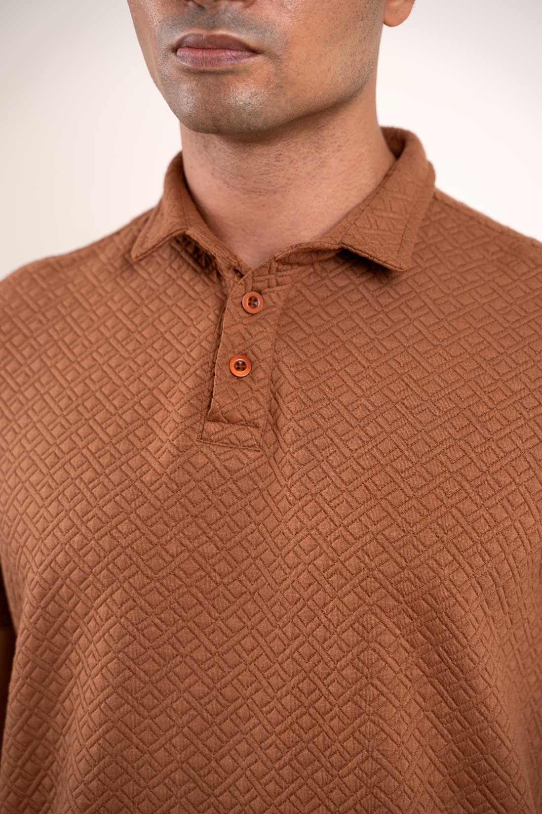 Detailed view of brown polo t-shirt