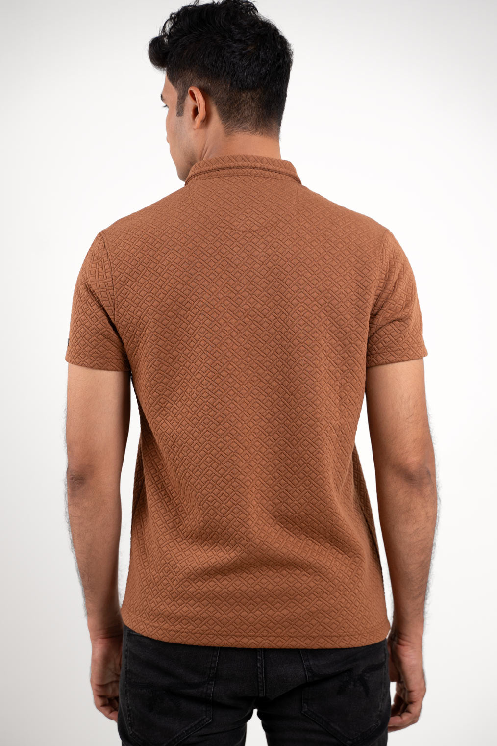 Back view of Man wearing brown polo t-shirt