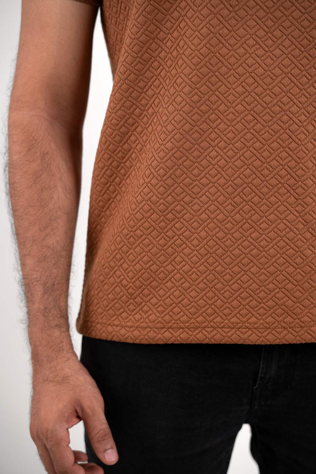 DEtailed view of Man wearing brown polo t-shirt