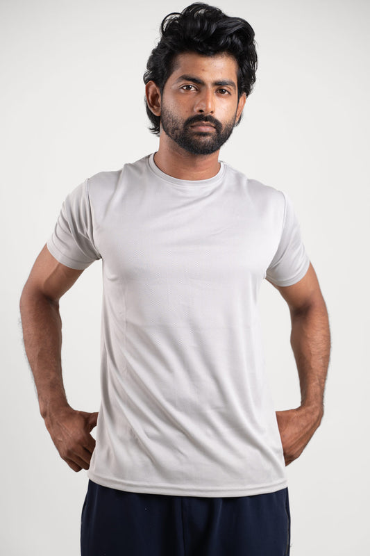 Front view of an active light grey polo t-shirt, showcasing its sleek and sporty design