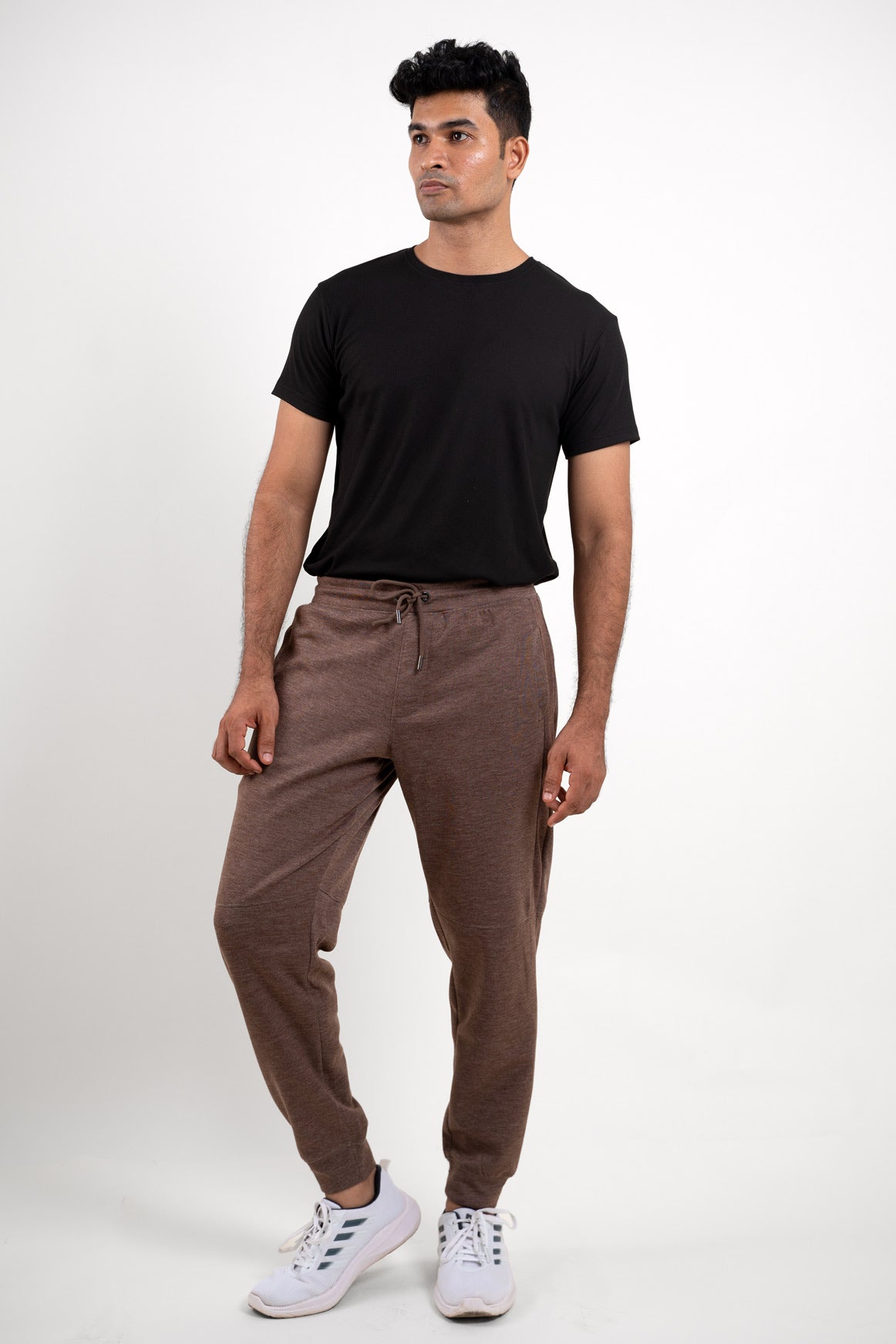 Full-length image of the brown jogger pants, allowing viewers to appreciate their versatility and comfort for various activities