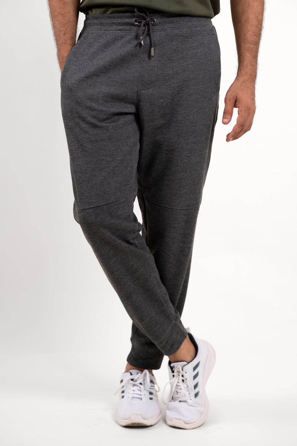 Front view of classic grey joggers, offering both style and comfort for active wear