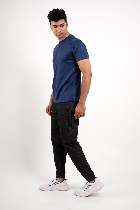 Full-length image of the active navy blue crew neck t-shirt, providing a comprehensive look at its overall design