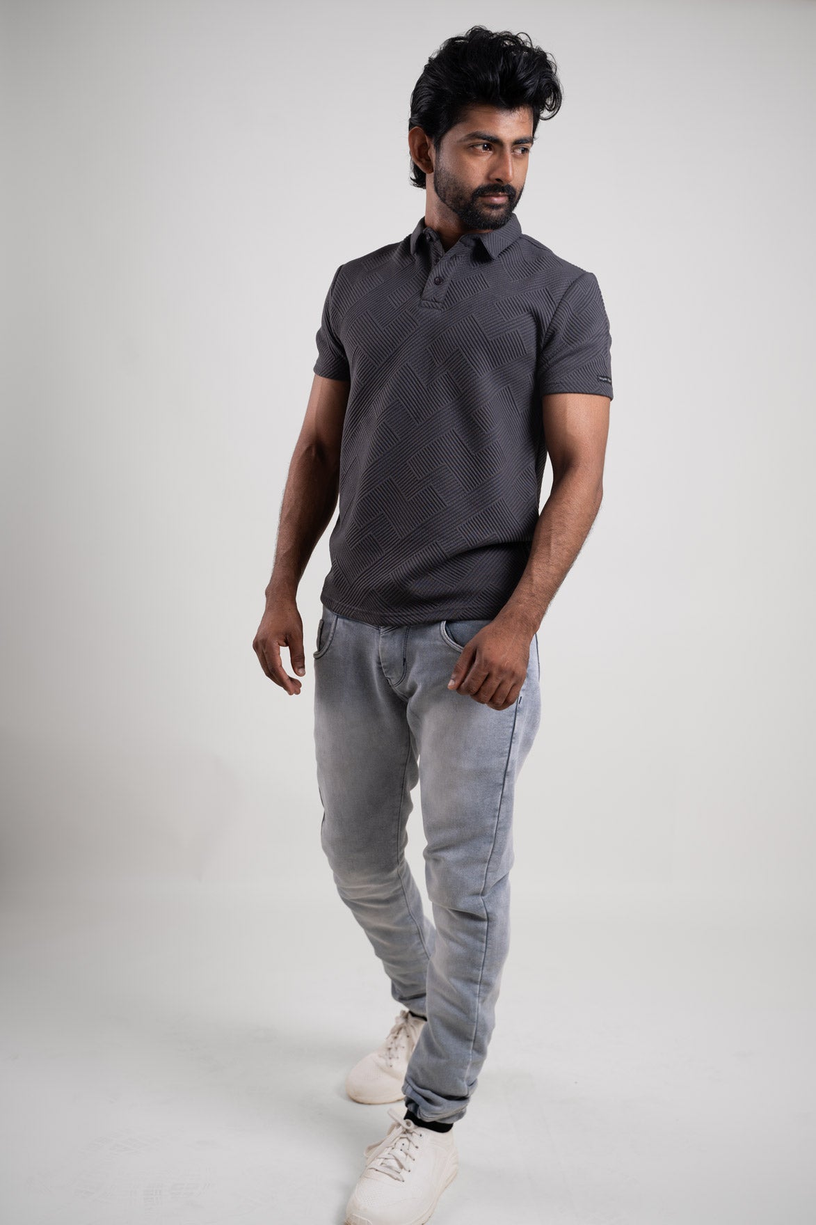 Full-size image of the grey textured t-shirt, providing a clear view of its overall appearance