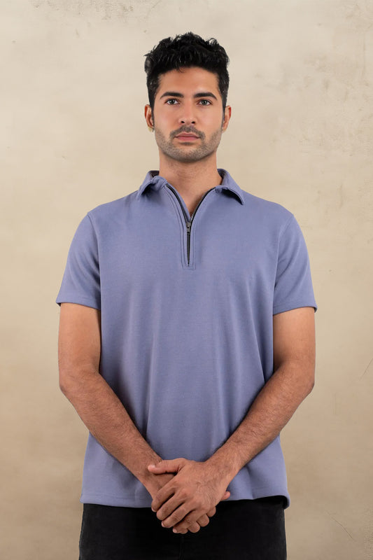 Front view of a stylish lavender zipper polo shirt, combining modern aesthetics with casual comfort