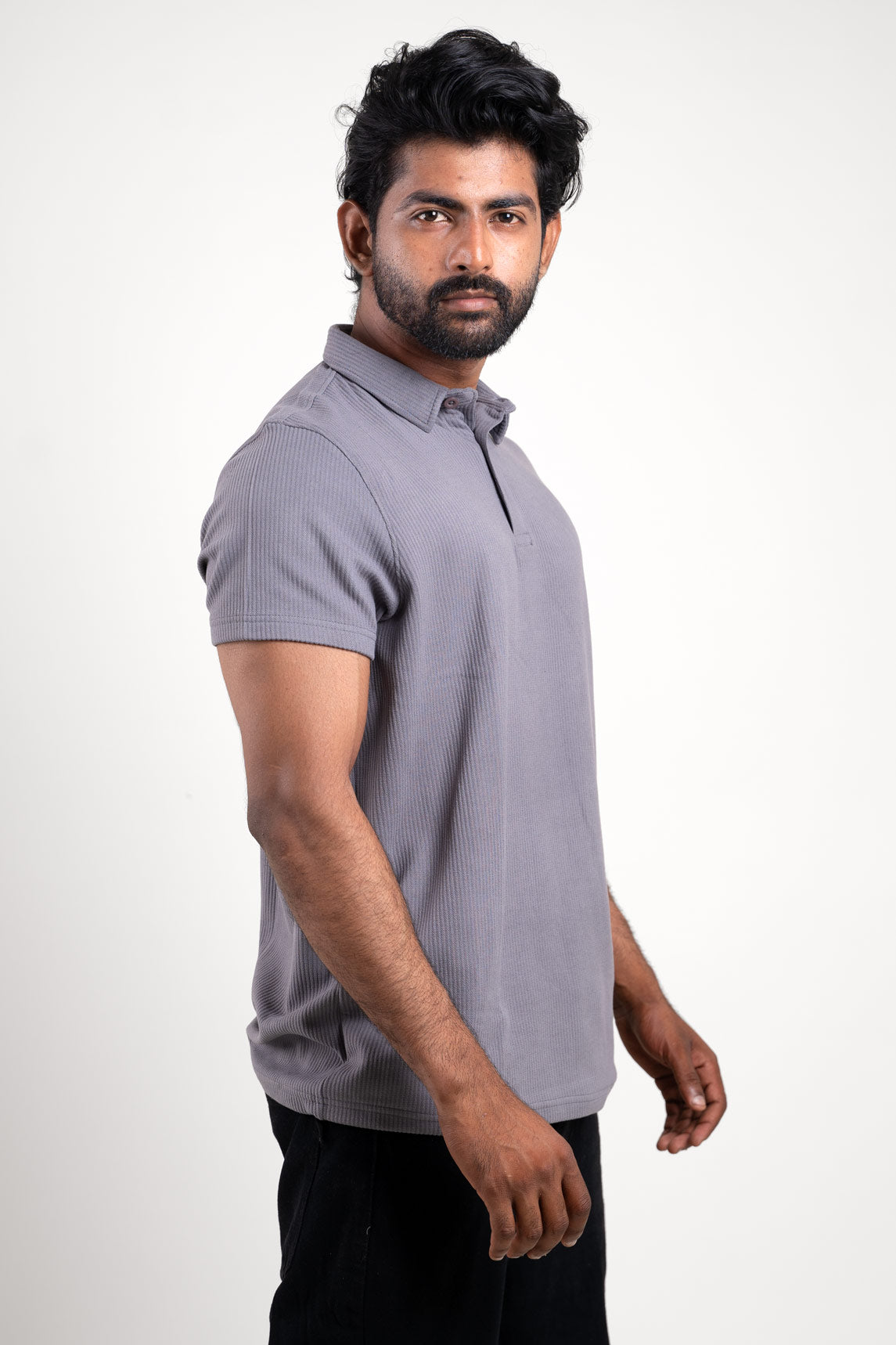 Man's grey polo t-shirt, front view showing classic fit